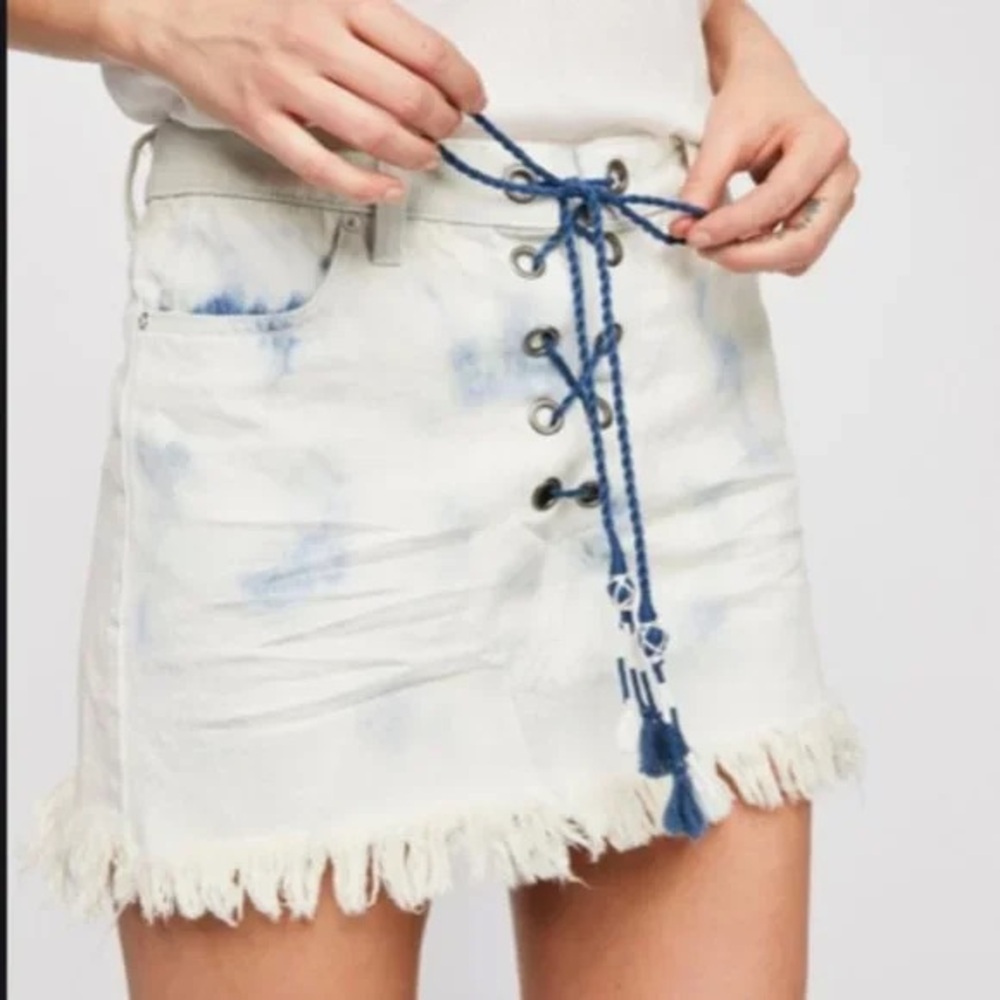 We The‎ Free Frayed Hem Denim Skirt with Blue Tie Detail